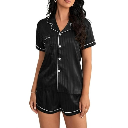 

Elegant Plain Lapel Collar Short Sets Short Sleeve Black Color Women s Pajama Sets (Women s)