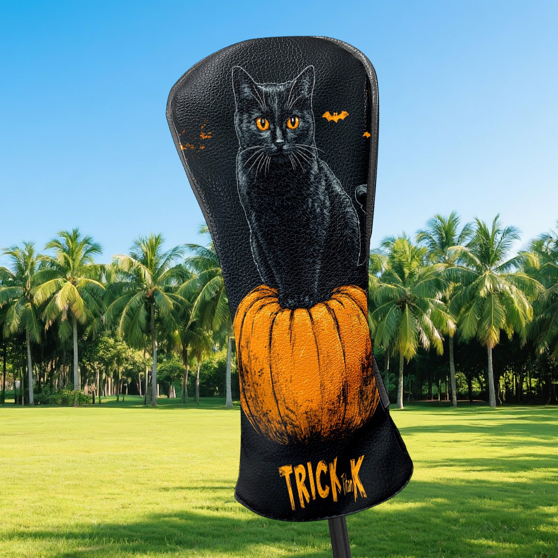 Golf Club Covers PU Leather Waterproof Head Covers for Fairway Woods Hybrids Pumpkin Black Cat
