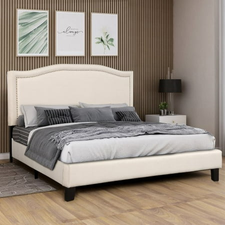 platform headboard strong frame bed upholstered s090 slat trimming espresso cloth beige nail detailed legs king support head wood side