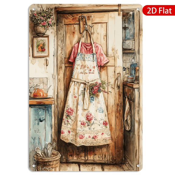 8x12 Inch Metal Wall Art, Rustic Kitchen Queen Floral Apron Design Vintage Decor, Durable Metal Sign for Home Kitchen Wall Decoration 1pc
