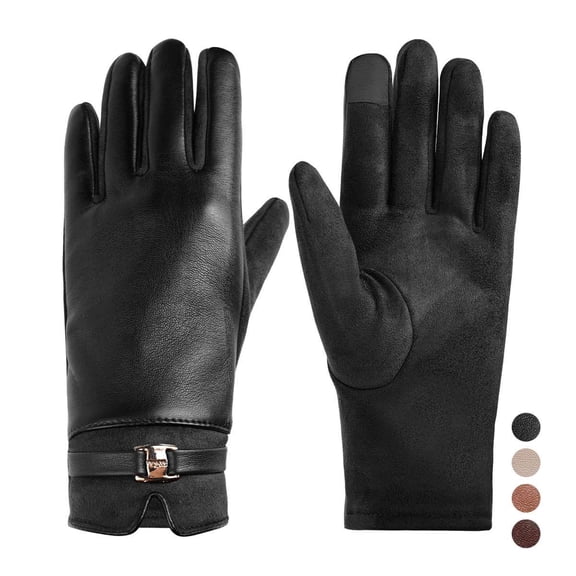 BadPiggies Winter PU Leather Suede Gloves for Women, Warm Thermal Touchscreen Texting Dress Driving Motorcycle Gloves Fleece Lining (Black)