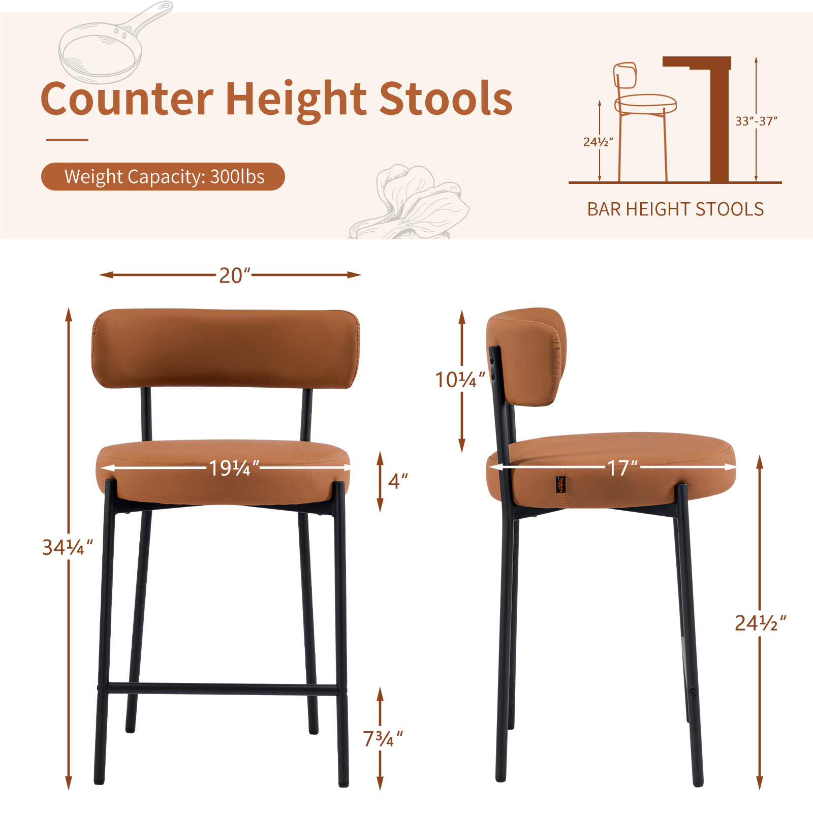 Furniliving Bar Stools Set of 2, Modern Counter Height Bar Stools with Back, Upholstered Bar Height Barstools for Kitchen Counter/Home Bar/Dining Room, Faux PU-Brown