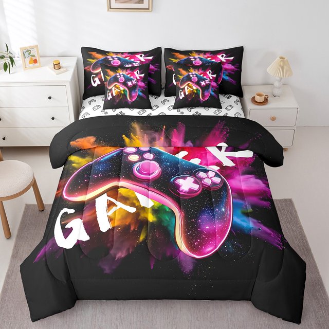Erosebridal Video Game Bedding Sets Twin Size,Geometric Hexagon Comforter Sets with Sheets,Gradient Decor,Reversible,7pcs
