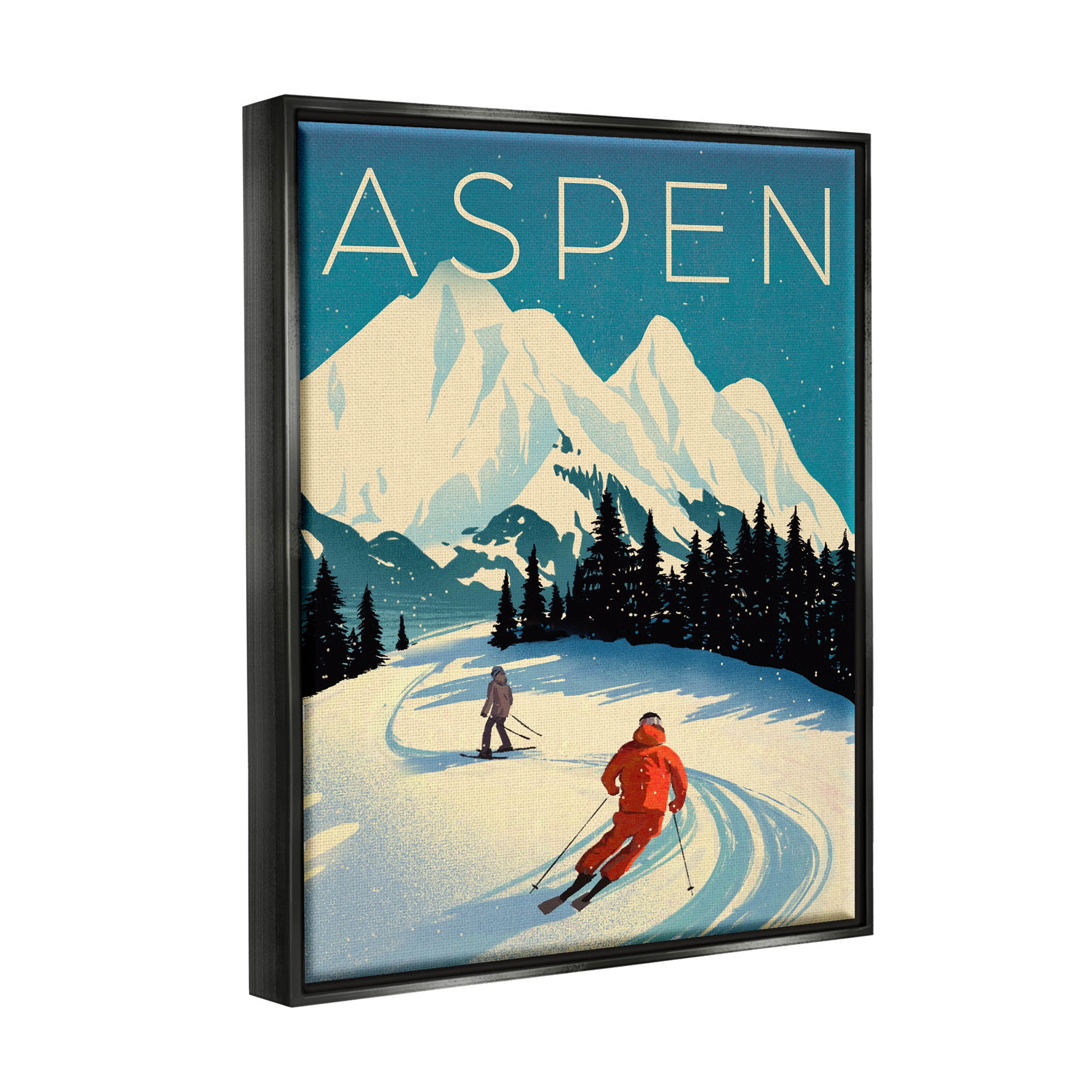 Stupell Industries Aspen Winter Ski Scene Graphic Art Jet Black Floating Framed Canvas Print Wall Art, Design by Ziwei Li