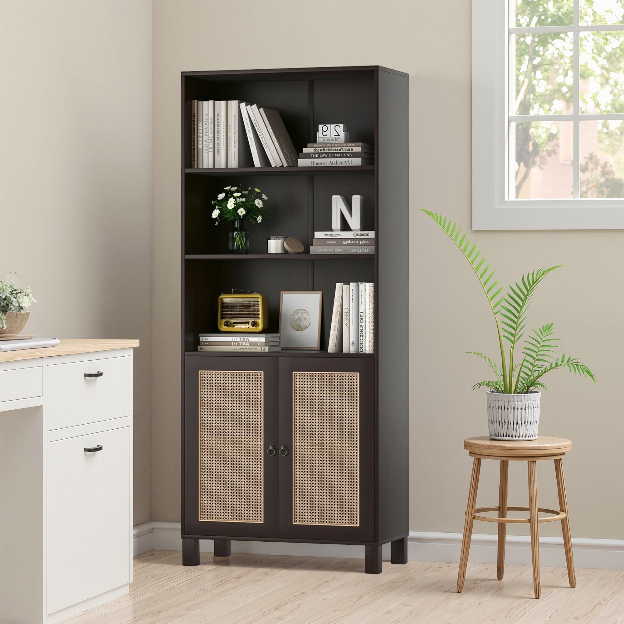 MAYEERTY 5-Shelf Bookcase with Rattan Doors, Tall Display Shelves for Home Office & Bedroom,Dark Walnut