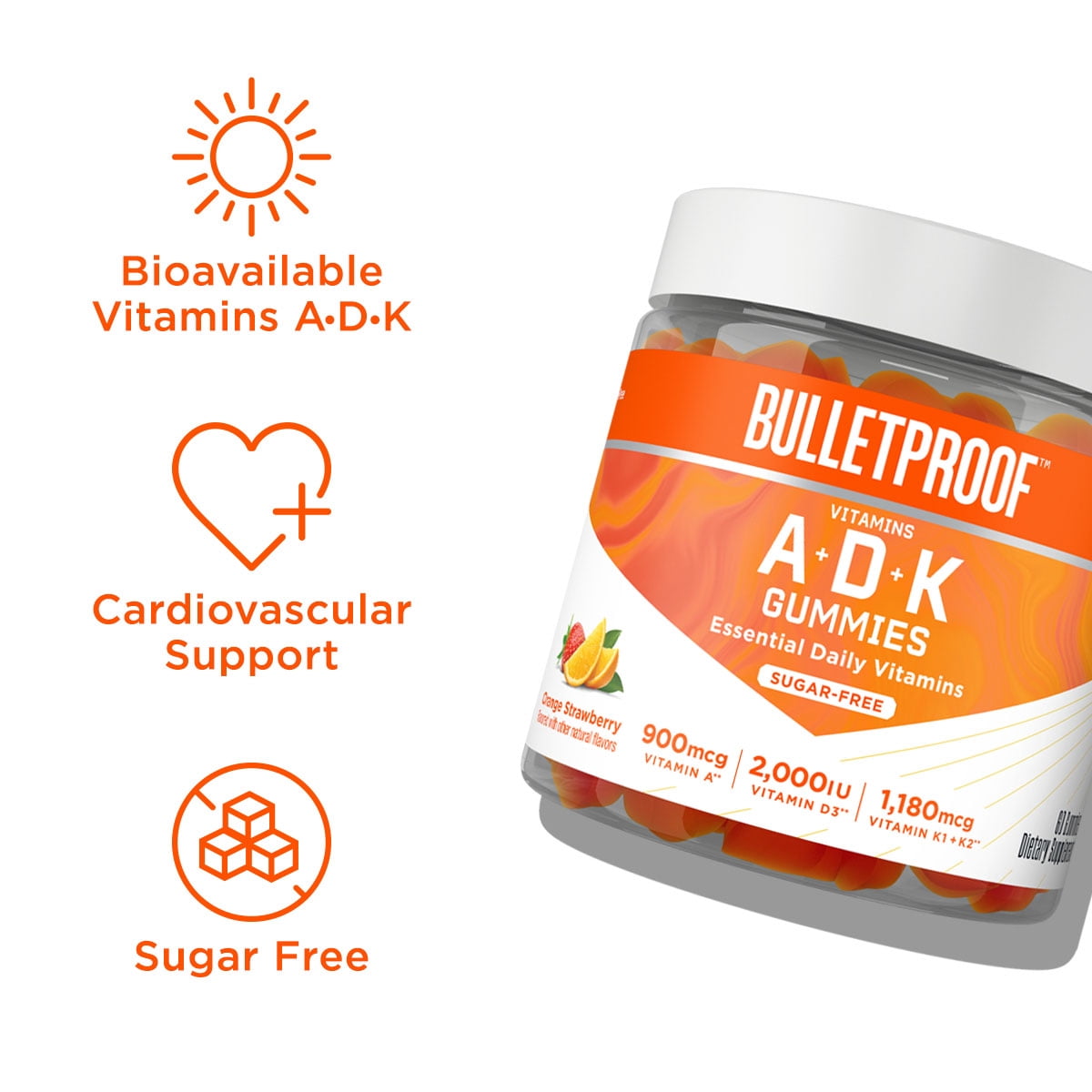 Bulletproof A+D+K Sugar-Free Orange Strawberry 60 Gummies Keto Supplement for Heart, Bone and Immune Support