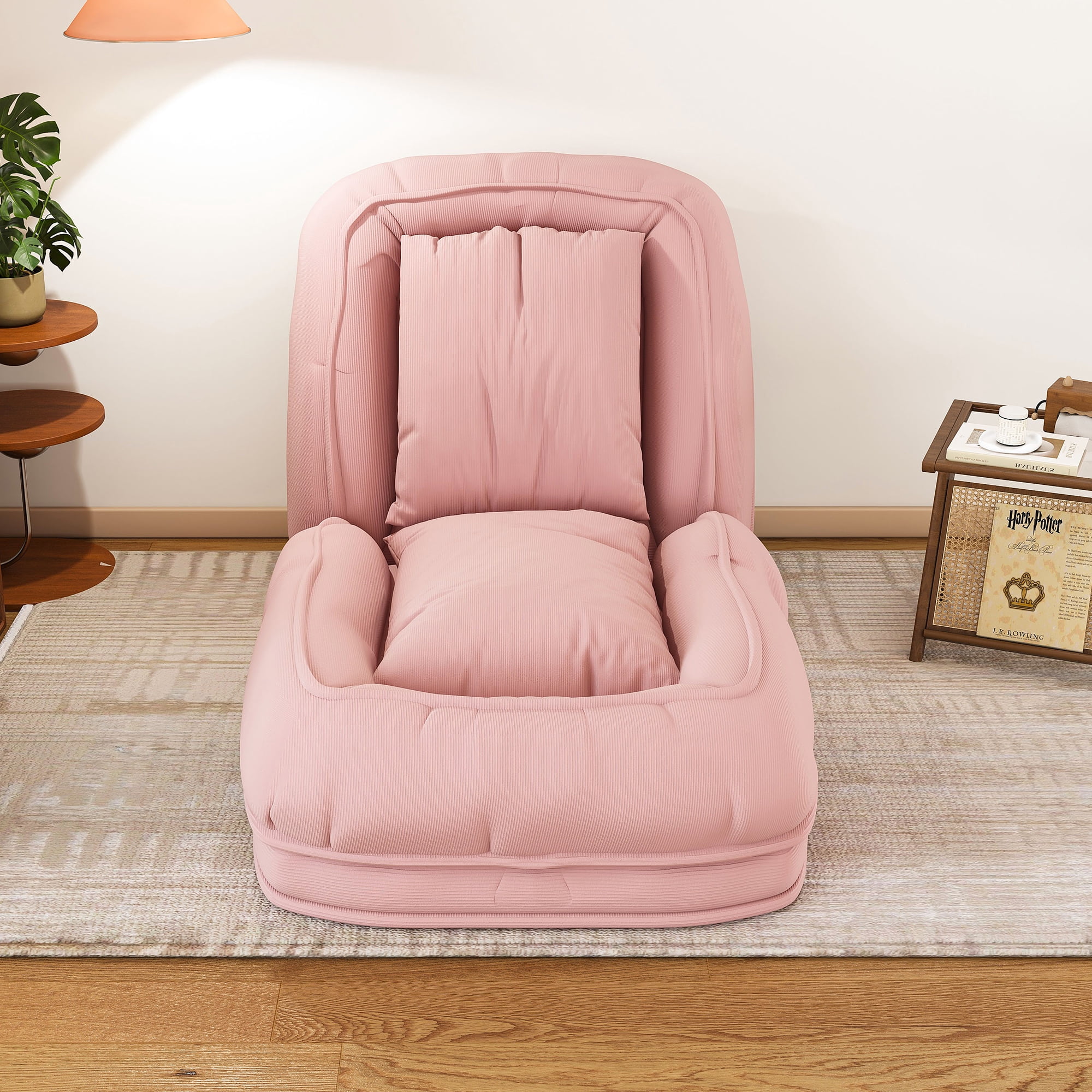 Pink Upholstered Human Dog Bed for Adults & Pets, 5-Position Adjustable Foldable Lazy Sofa Bed with 2 Pillows, Corduroy Reclining Floor Chair for Bedroom Living Room Reading Nook