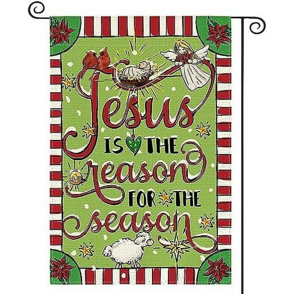 Queilt Jesus Is The Reason For The Season Garden Flag 12x18 Inch Double Sided, Christmas Christian Nativity Winter Yard Outdoor Decorative Flag