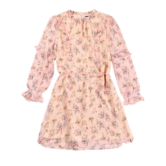MODA NOVA Junior's Floral Tie Waist Casual Long Sleeve Ruffle Chiffon Dress Pink XXL