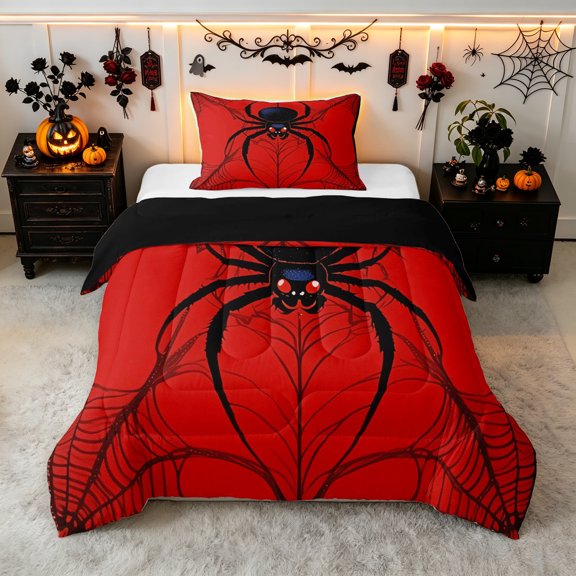 Erosebridal Spider Web Twin Comforter Sets, Creepy Halloween Bedding Set, Red Black, Black Reversible, 2 Pieces, 1 Comforter and 1 Pillowcase