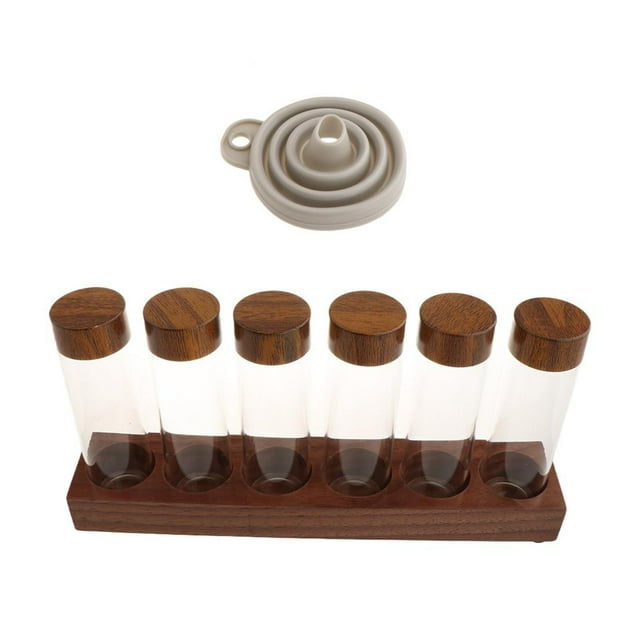 Tubos de almacenamiento de granos de café con soporte de nogal, tarro de granos de café para bar y cocina. Base de 6 agujeros.