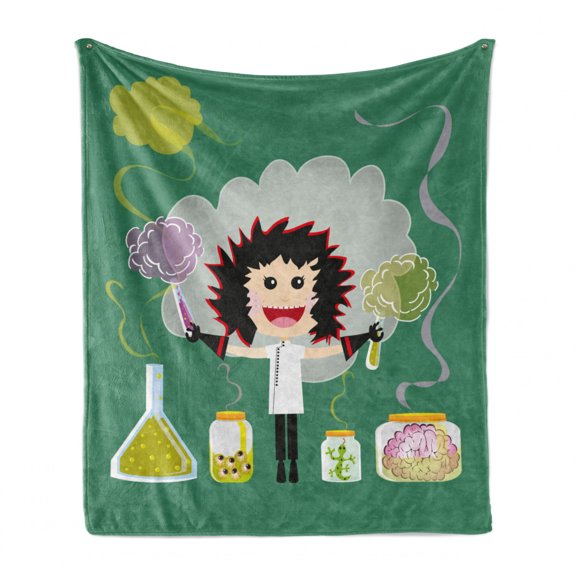 Science Party Soft Flannel Fleece Blanket, Image of Mad Scientist Holding Smoke Puffs from Test Tubes, Cozy Plush for Indoor and Outdoor Use, 50" x 60", Laurel Green and Multicolor, by Ambesonne