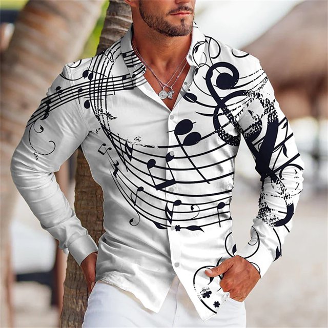 Camisa con estampado abstracto 3D de música clásica para hombre, ropa de verano de estilo hawaiano Vaion Leisure, de manga larga y cuello tipo polo para hombre