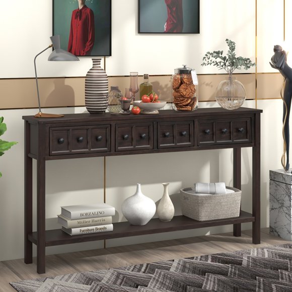 Table Console Rustique de 60 Pouces, Table d'Entrée pour Sofa avec 4 Tiroirs et Tablette de Rangement pour Salon