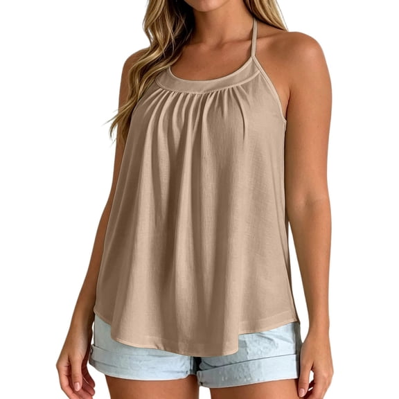 OOOUM Women Pleated T Back Tank Top Solid Spaghetti Strap Pullover Scoop Neck Flowy Loose Fit Lightweight Beach Casual Layering Camisole Khaki S