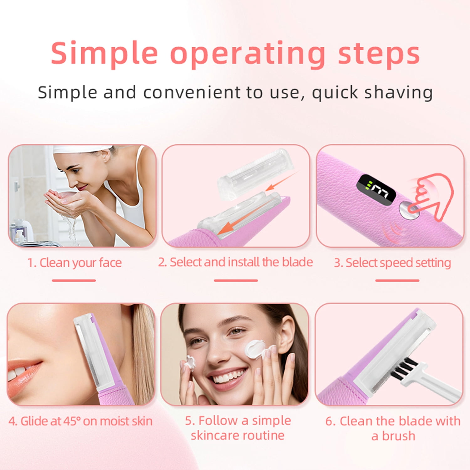 Sonic Dermaplaning Tool for Women, Rechargeable Face Dermaplane Razor with 14,000 Vibrations, 3 Speeds with LED Light, 12 Blades for Peach Fuzz Removal & Facial Exfoliation(Pink)