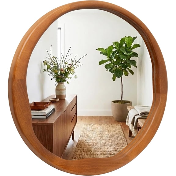 Round Walnut Mirror 24 Inch, Asymmetrical Wavy Inner Edge Wall Mirror for Bathroom Vanity, Bedroom, Solid Wood Irregular Retro Decor