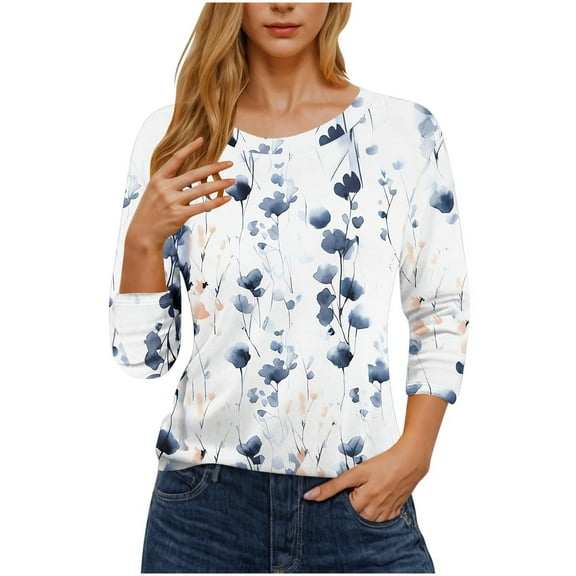 Zpanxa Women's Printed Crew Neck T-Shirt 3/4 Sleeve Casual Blouse Loose Fit Summer Top