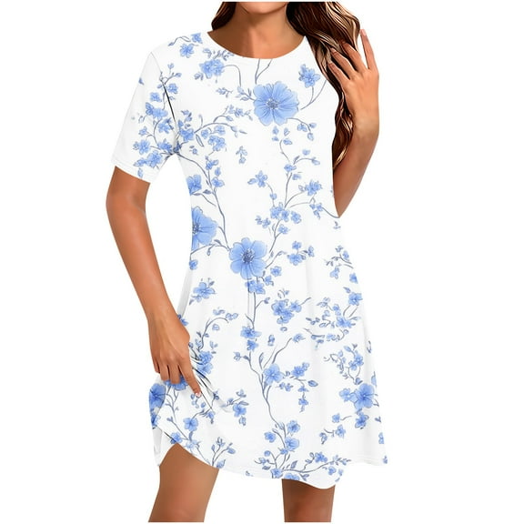 Yghzkop Women's Summer Floral Print Short Sleeve Dress Round Neck Casual Sundress Loose Fit Breathable T Shirt Dress Everyday Midi Dress