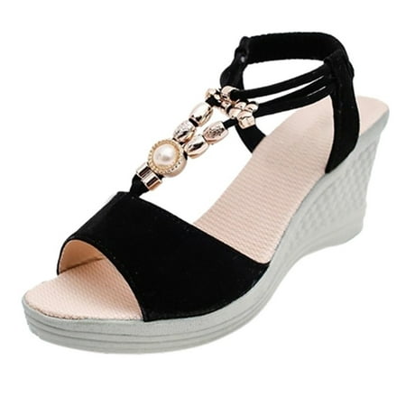

YTJX Women Ladies Fashion Wedges String Bead Casual Roman Sandals Shoes