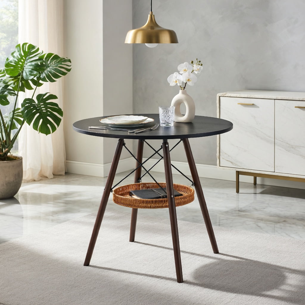 Hommoo 31.5-inch Round Dining Table with Walnut Solid Wood Legs, MDF Vacuum-Formed Top & Hanging Woven Storage Basket, Modern Scandinavian Coffee Table for Small Spaces, Black
