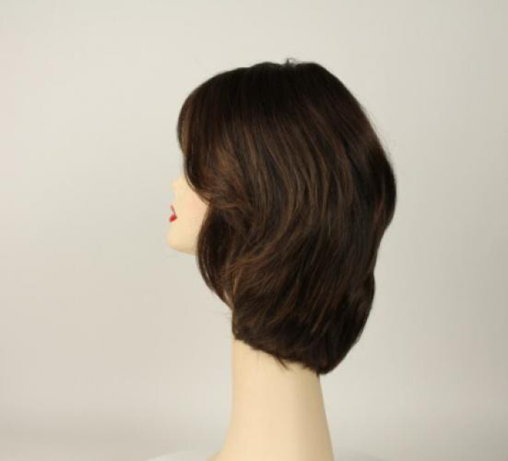 European Human Hair Freeda Wig Regina Dark Brown With Reddish Highlights Multi Skin Top Size L