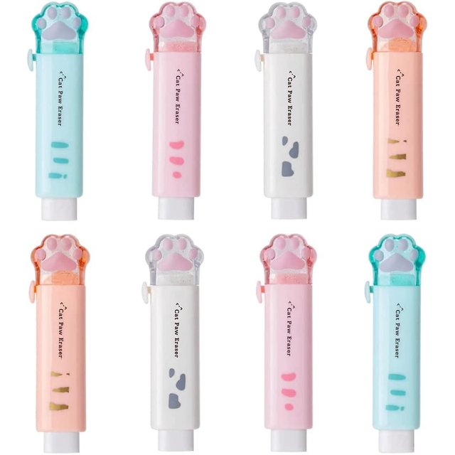 Borrador retráctil de pata de gato, gomas de gato para niños, borrador de goma de empujar y tirar para estudiantes que escriben papelería escolar de oficina (8 piezas, multicolor) ShuxiuWang 8390613554161