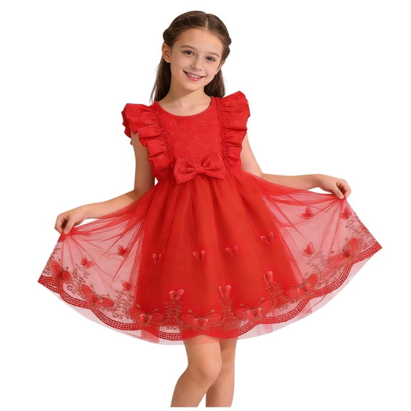 Red Girls Princess Dress Tutu with Butterfly Embroidery Sleeveless for Birthday Party Flower Girl Ages 3-8,Size 7-8 T