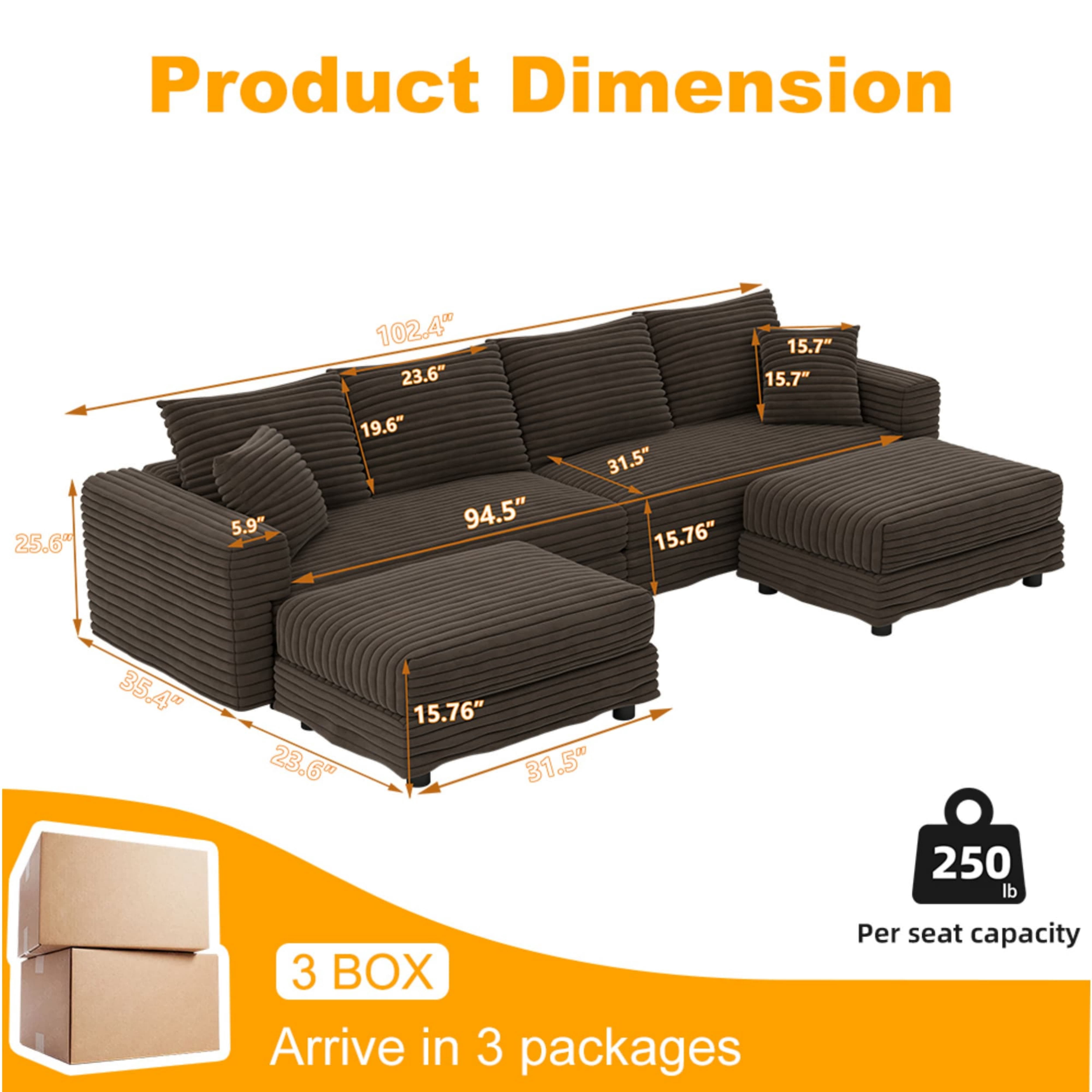 Alvantor 4-Seat Sofa with 2 Movable Ottomans 102" W Corduroy Upholstered Deep Seat Couches U Shaped Convertible Chaise for Living Room, Apartment Camel