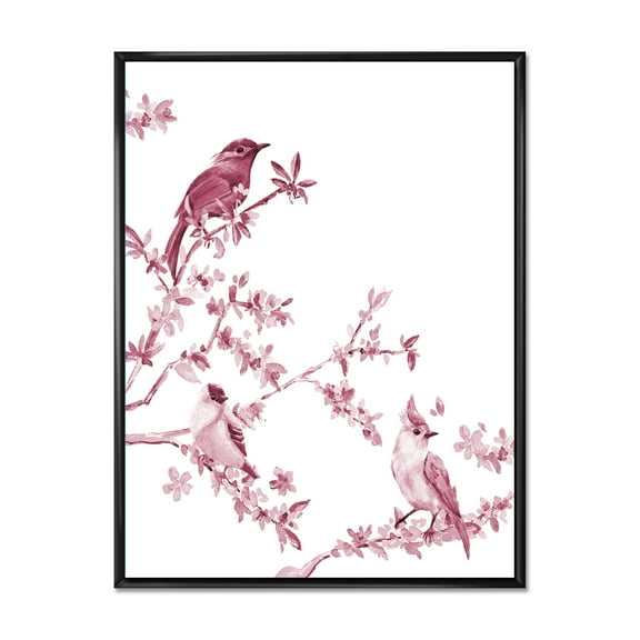 Designart 'Beautiful Pink Birds Sitting On Flowering Branches' Traditional Framed Canvas Wall Art Print
