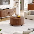 thumbnail image 7 of Round Coffee Table with Storage, 31.5" Modern Coffee Table with 360° Curved Sliding Door, Fluted Wood Accent Coffee Table with Adjustable Footpads, Round Center Table for Living Room, Walnut, 7 of 7