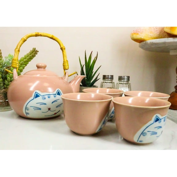 Ebros Auspicious Maneki Neko Lucky Fortune Cat Pink Ceramic Tea Set W/4 Cups