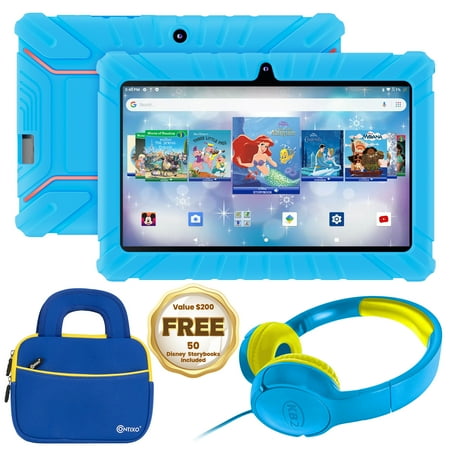 Contixo 7" Kids Tablet with 50 Disney eBooks, Headphones & Sleeve Bag, 32GB Android Tablet Bundle – Parental Controls, Dual Cameras, Blue