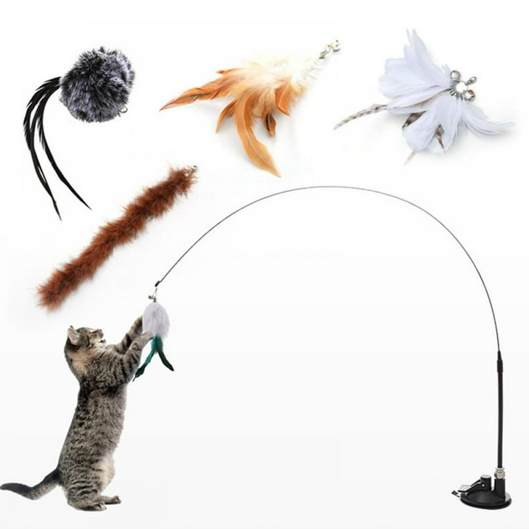 Cat Feather Toys, Interactive Cat Toy with Suction Cup, Detachable 5 PCS  Feather Replacements with Bell, 1 Wand Cat Spring Toys for Indoor Cats  Kitten Play Chase Exercise 