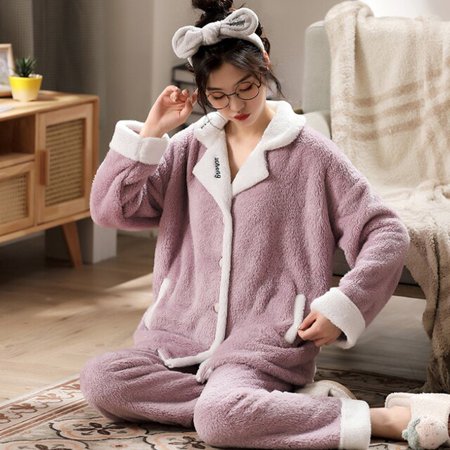 

CoCopeaunt Winter Warm Flannel Women Pyjamas Sets Thick Coral Pijamas Women fleece pajama thick flannel Long Pajamas Set for Girl