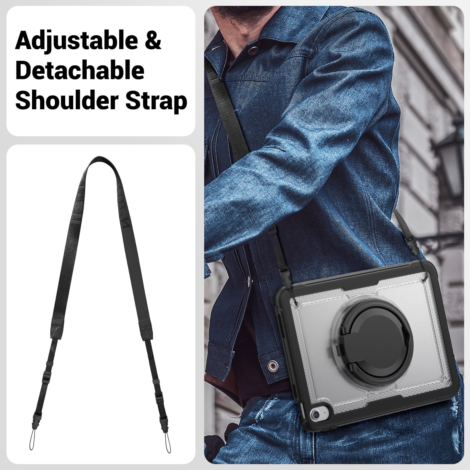 Shockproof Case for Apple iPad 11th 10th Generation 2025 2022, Rugged Hybrid Protective Cover with Pencil Holder & Shoulder Strap Kids Friendly Rotating Stand Case for iPad 11th 10th Gen, Clear