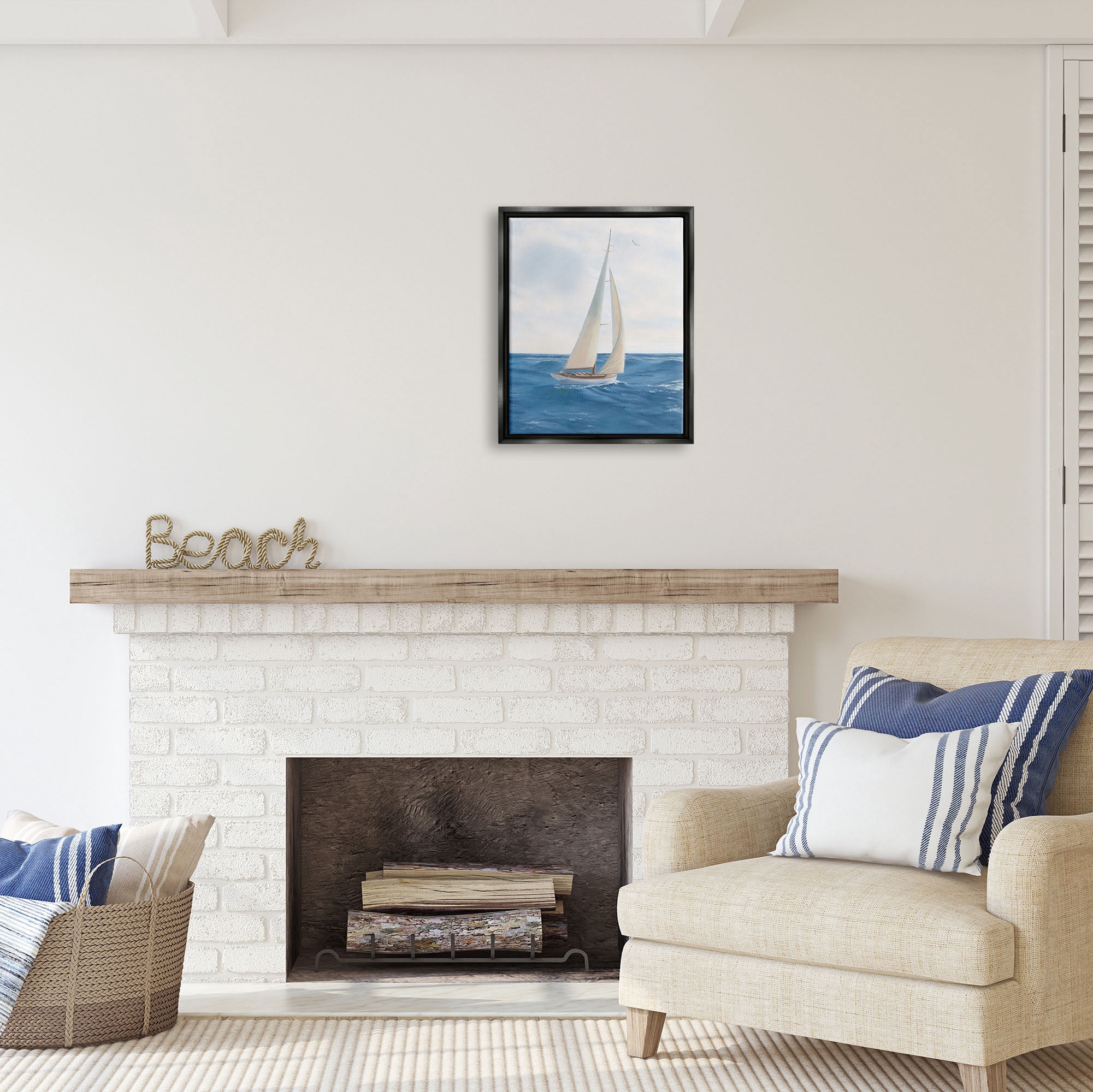 Stupell Industries Sailboat in Ocean Waves Transportation Painting Black Floater Framed Art Print Wall Art, 17 x 21