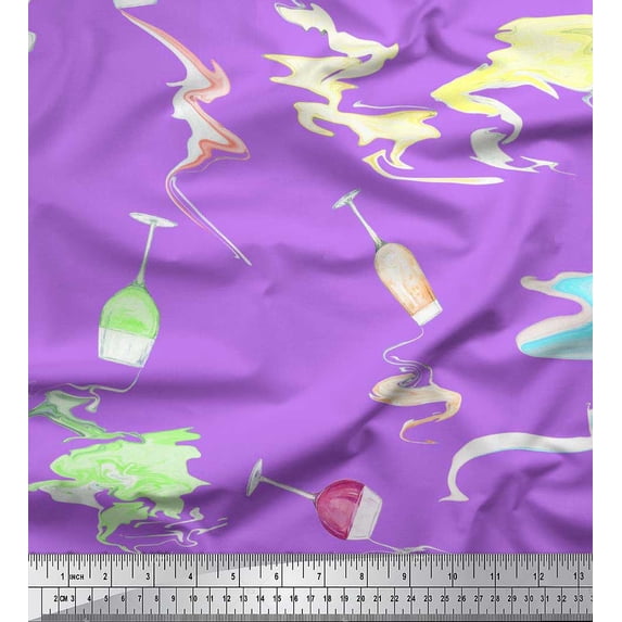 Soimoi Crepe Silk Fabric Brush Stroke & Wine Glass Bar Print Sewing Fabric Yard 42 Inch Wide