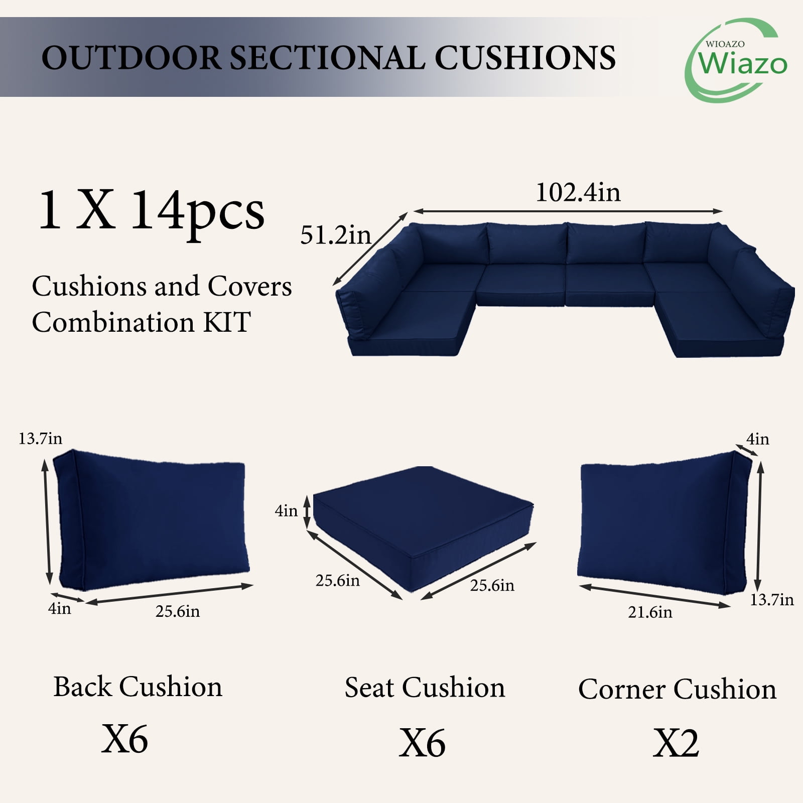 PUKNLY Outdoor Furniture Replacement Cushions, Fits 6-seat Sectional Rattan Conversation Set, 14 Piece Patio Water-Resistant Replacement Sofa Cushions, Liner&Cover