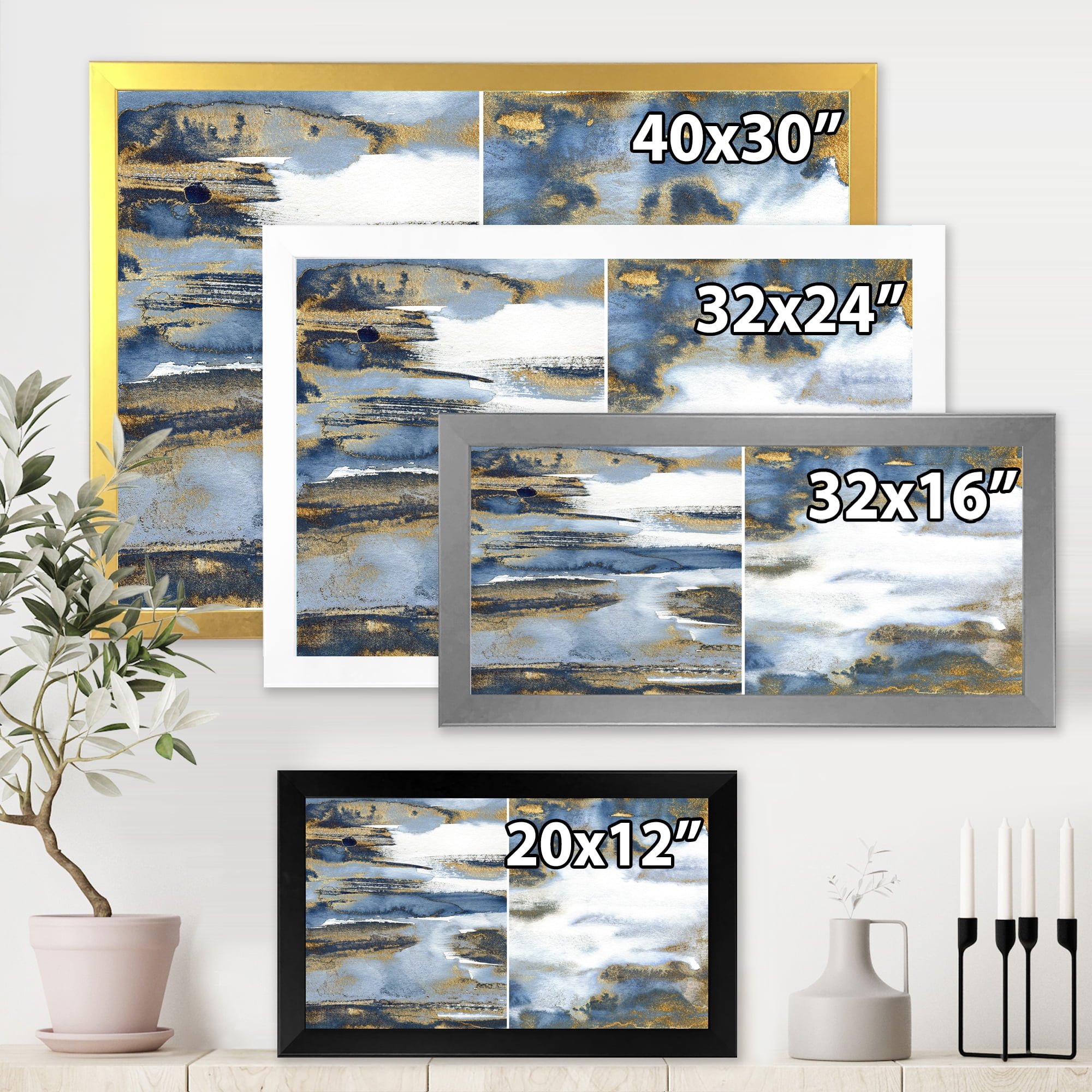 Designart 'Gold and Dark Blue Abstract Waves III' Modern Framed Art Print