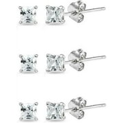 Sparkling Sterling Silver Princess-Cut Square CZ Stud Earrings Set - 3 Pairs of 2mm Tiny Small Studs for Women and Teens - Jewelry Collection by Gemstar USA