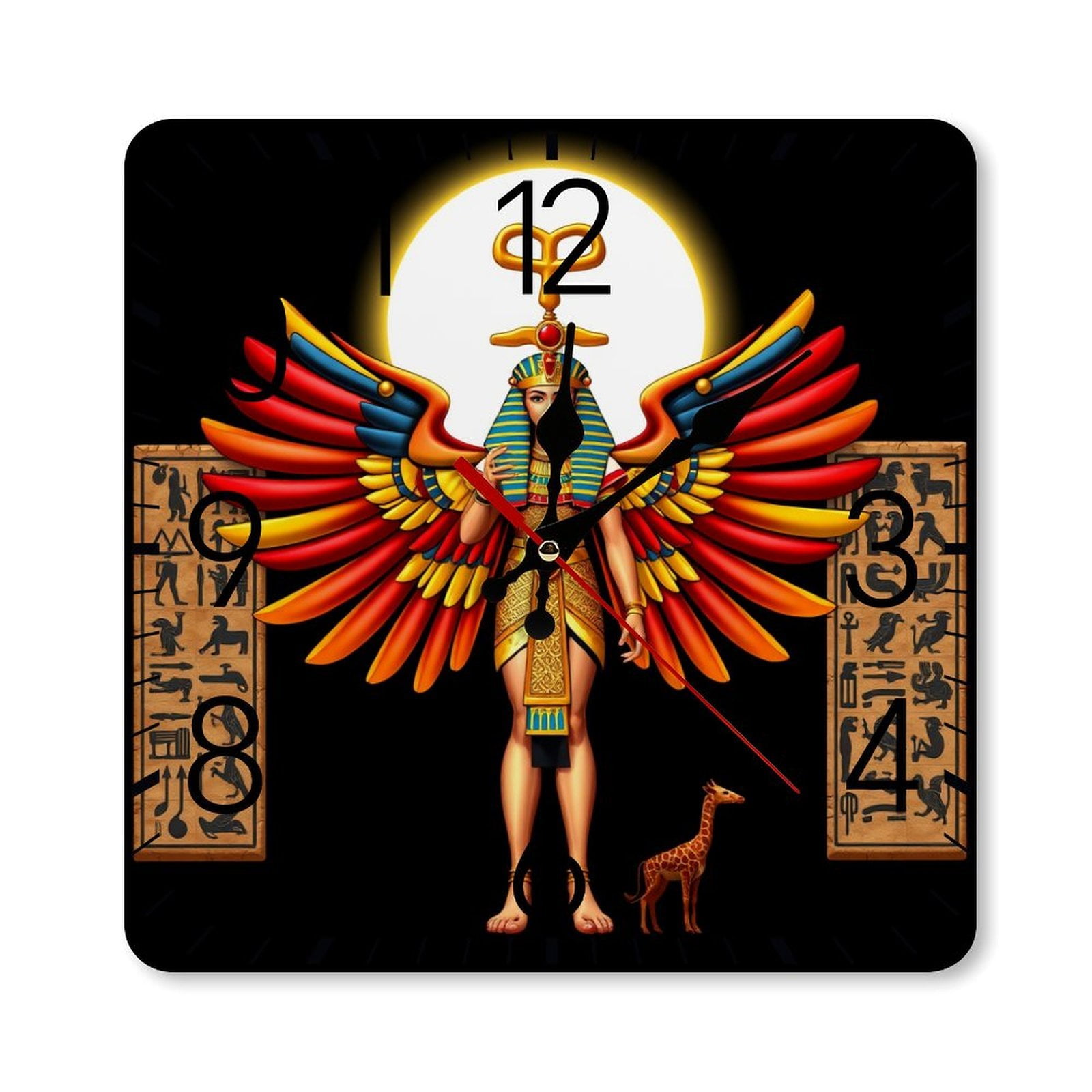 RKSupls 10×10inch Square Silent Wall Clock Wooden Frame, Egyptian Goddess Art Scale Decorative Clock for Home Bedroom Living Room Office