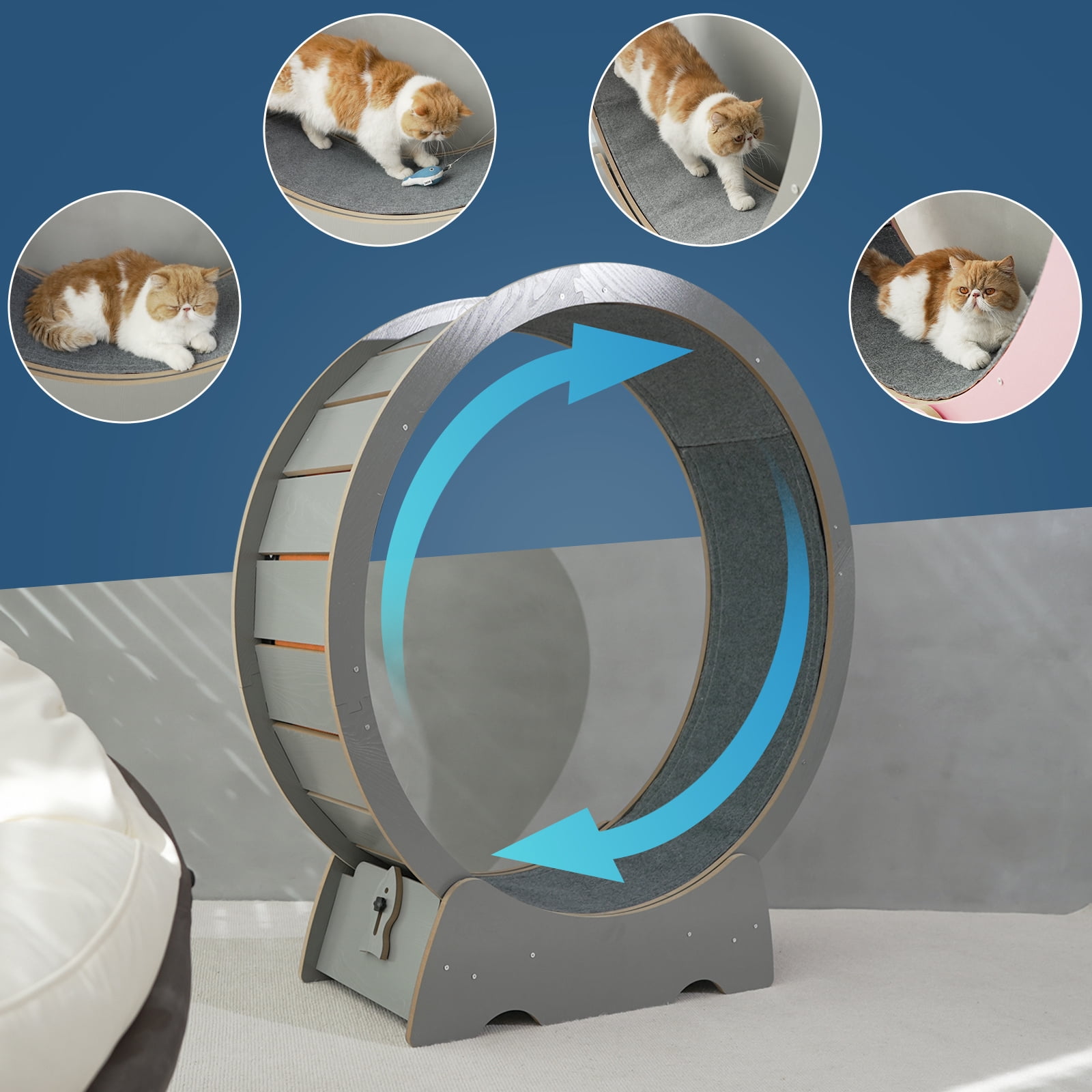 RYPetmia 35" Cat Treadmill, Cat Wheel Exerciser with Carpeted Runway,Suitable for Physical Activity Teaser Cat Toys,Wood(Gray)