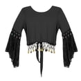 thumbnail image 4 of Aiihoo Women's Flare Sleeve Tassel Crop Top Lace-Up Shawl Tops Belly Dance Gypsy Bolero Shrug Cardigan Black XL, 4 of 7