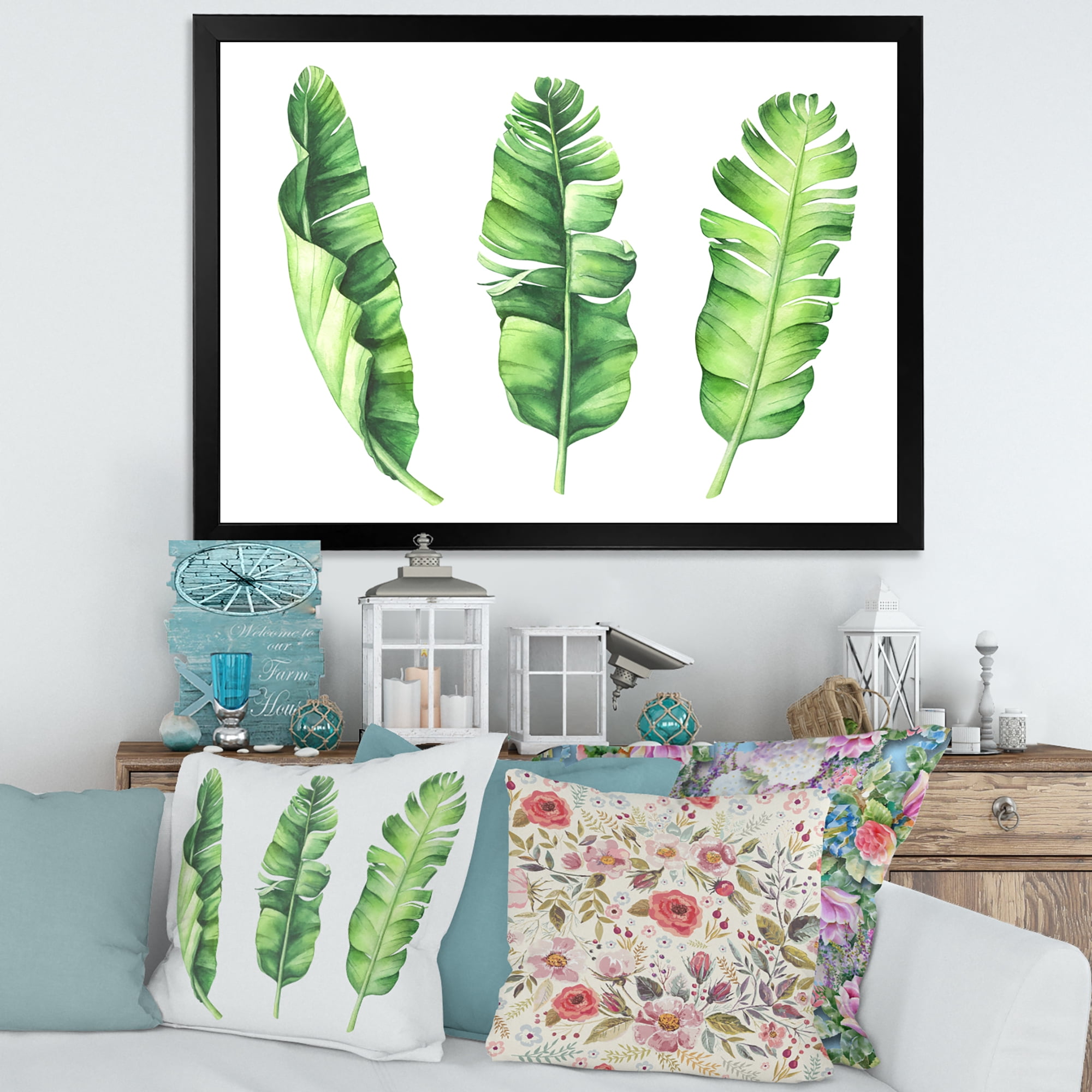 Designart 'Tropical Banana Leaves Set On White' Farmhouse Framed Art Print