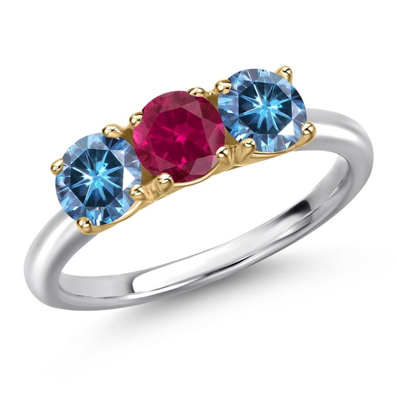 Gem Stone King 10K Two Tone Gold Red Created Ruby and Persian Blue Moissanite Engagement Ring for Women | 1.60 Cttw | Round 5MM | Gemstone July Birthstone | Size 8