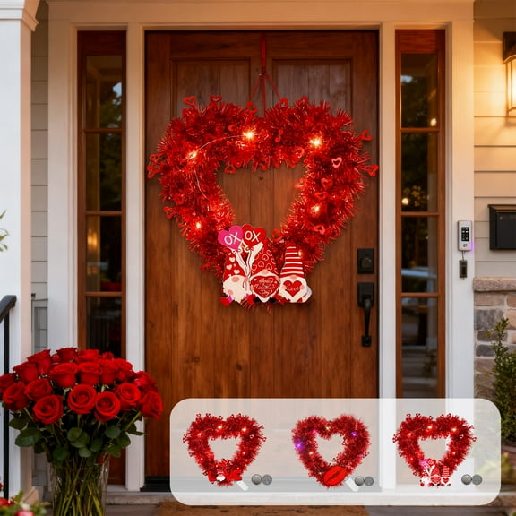 AZXY 12.9" Valentine's Day Heart Wreath - Waterproof Hanging Lighted Tinsel Decor with Gnome Ornaments for Wedding Engagement Anniversary Party, Front Door Home Outdoor