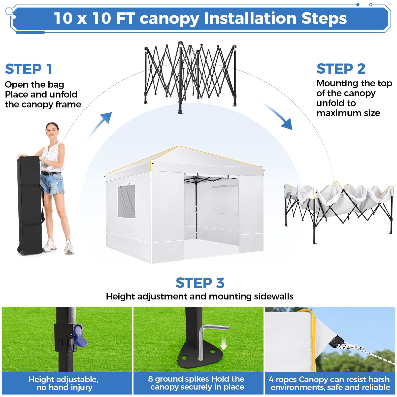 HOTEEL 10x10 Pop up Canopy with Sidewalls,Waterproof Tent for Parties Wedding Event,Instant Outdoor Gazebos with Carry Bag,Stakes,Ropes & Sandbags,White