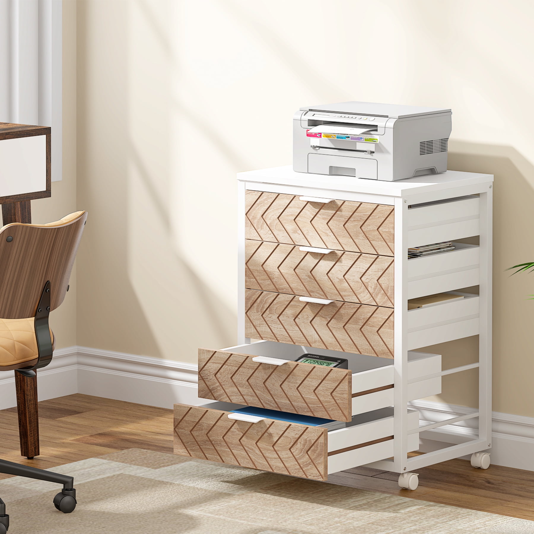 Tribesigns Modern 5-Drawer Dresser for Bedroom, Small Portable Chest of Drawers with Wheels and Metal Frame for Living Room, Beige & White