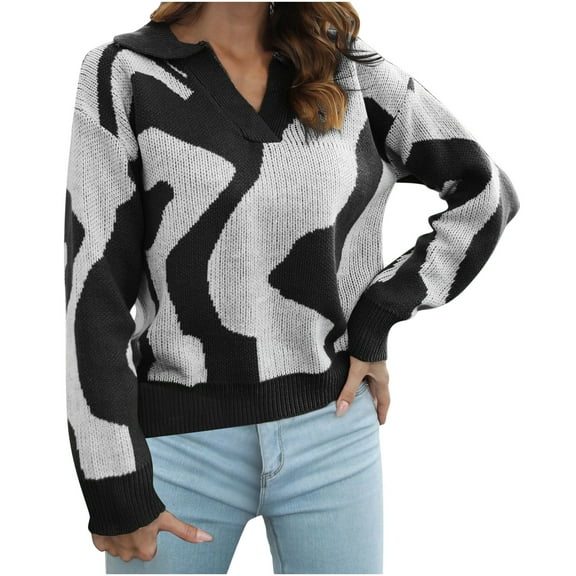 Odeerbi Sweaters for Women Fall Sweaters 2025 Casual Fashion Color Matching Pullover Long Sleeve V-Neck Sweater Black